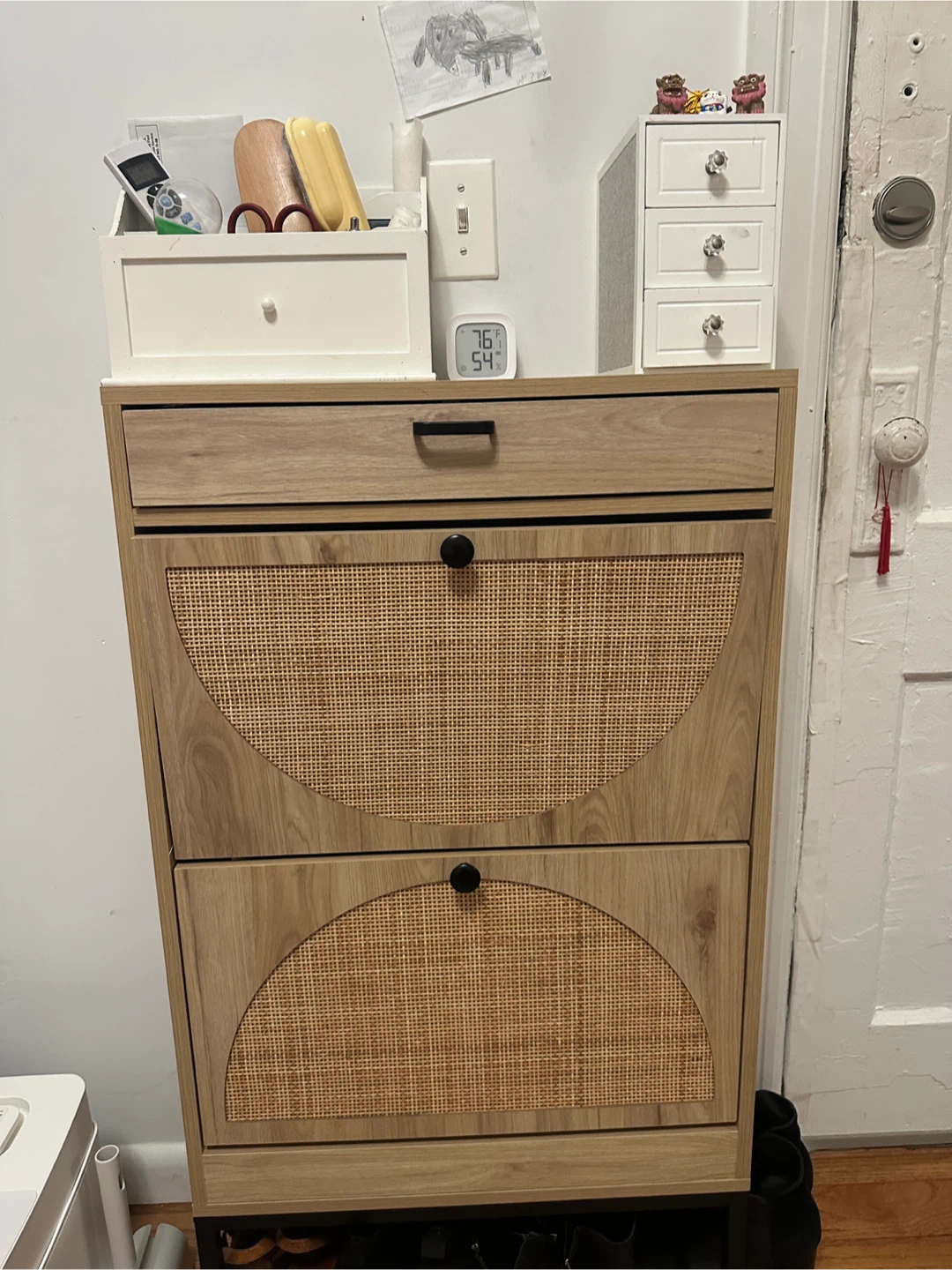 2-Drawer Oak Cane Shoe Cabinet