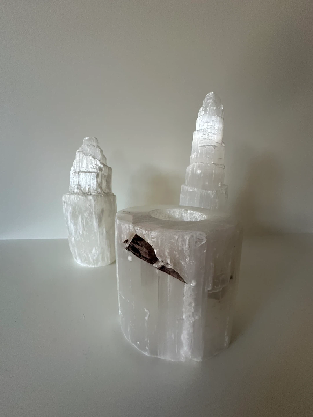 Selenite Crystal Tower and Candle Holder Set
