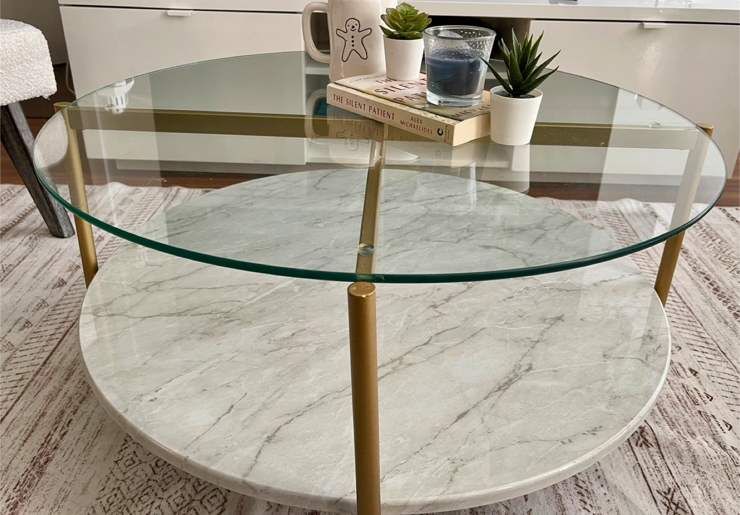 Ashley Wynora round coffee table, gold & marble, like new