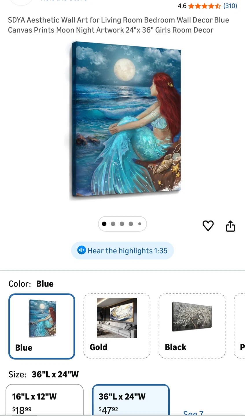 SDYA Aesthetic Mermaid Moon Night Canvas Print 24" x 36" - photo 5