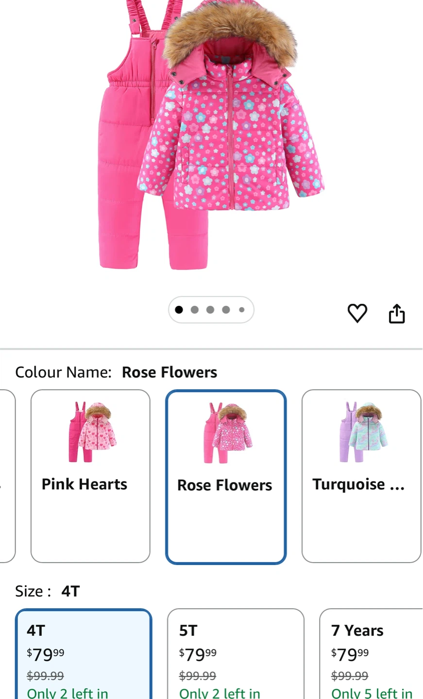 Kids Pink Ski Suit Set - Rose Flowers Print