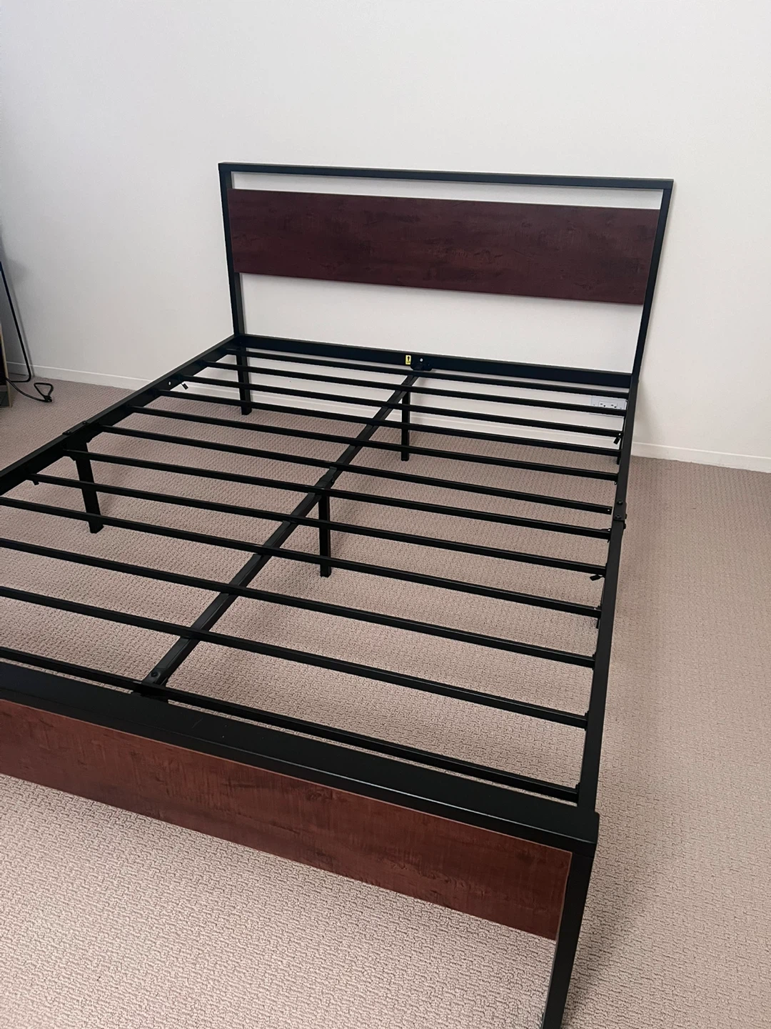 Queen Size Metal Bed Frame with Wooden Headboard