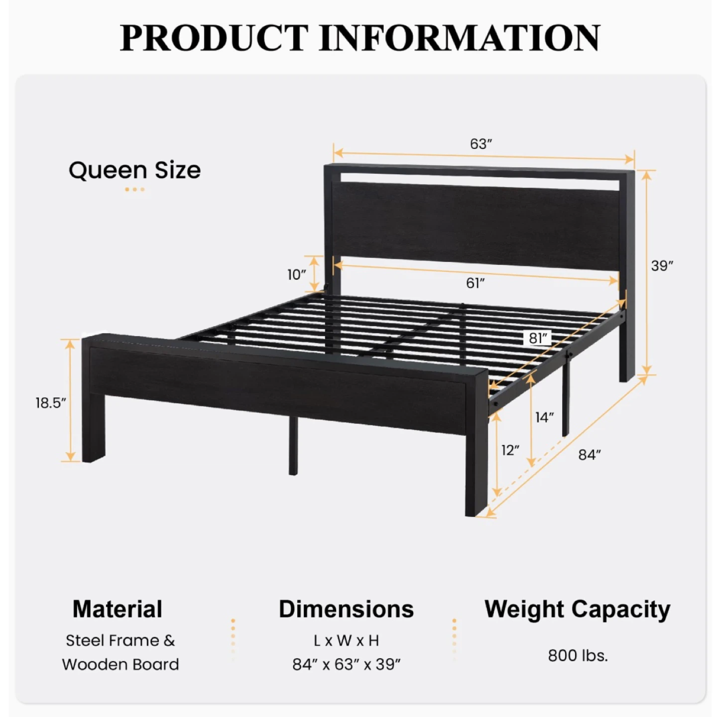 Queen Size Metal Bed Frame with Wooden Headboard - photo 4
