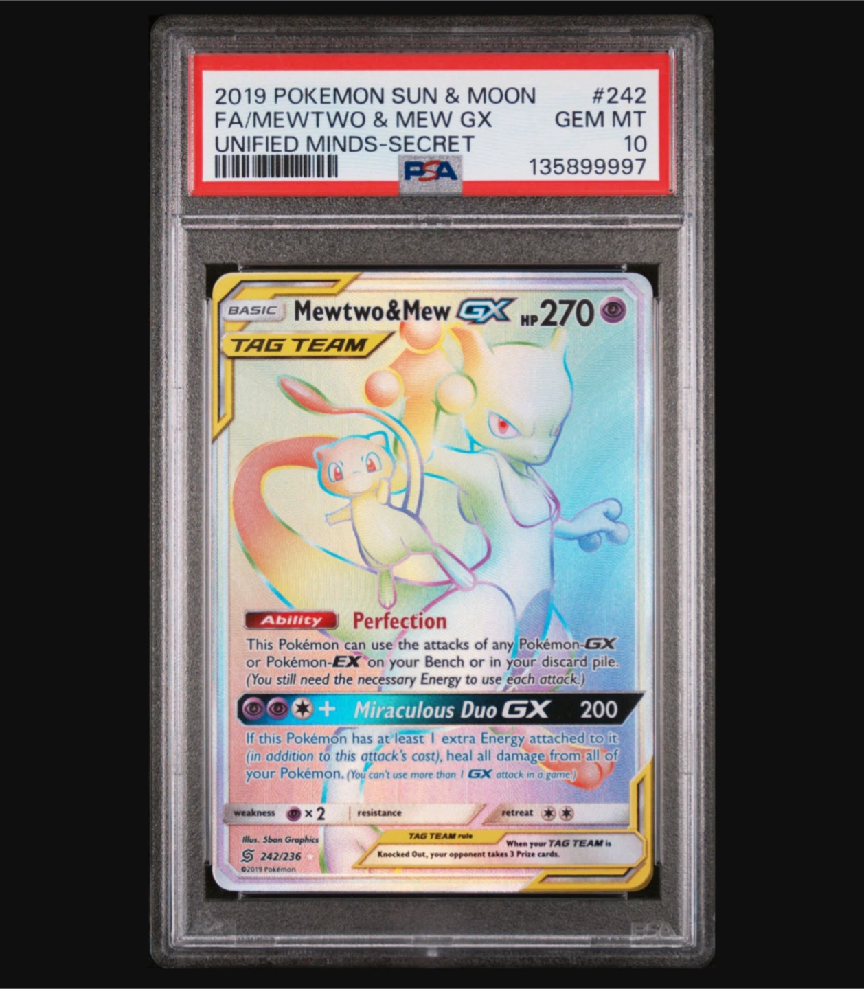 2019 Pokemon Sun & Moon Mewtwo & Mew GX Unified Minds PSA 10