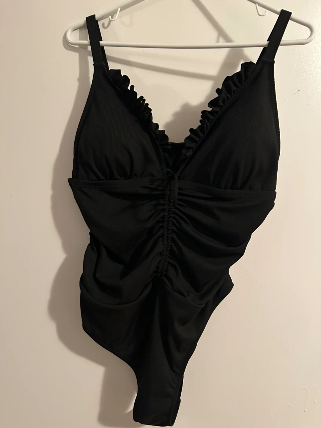 Shein Black Ruched One-Piece Swimsuit with Ruffle Trim