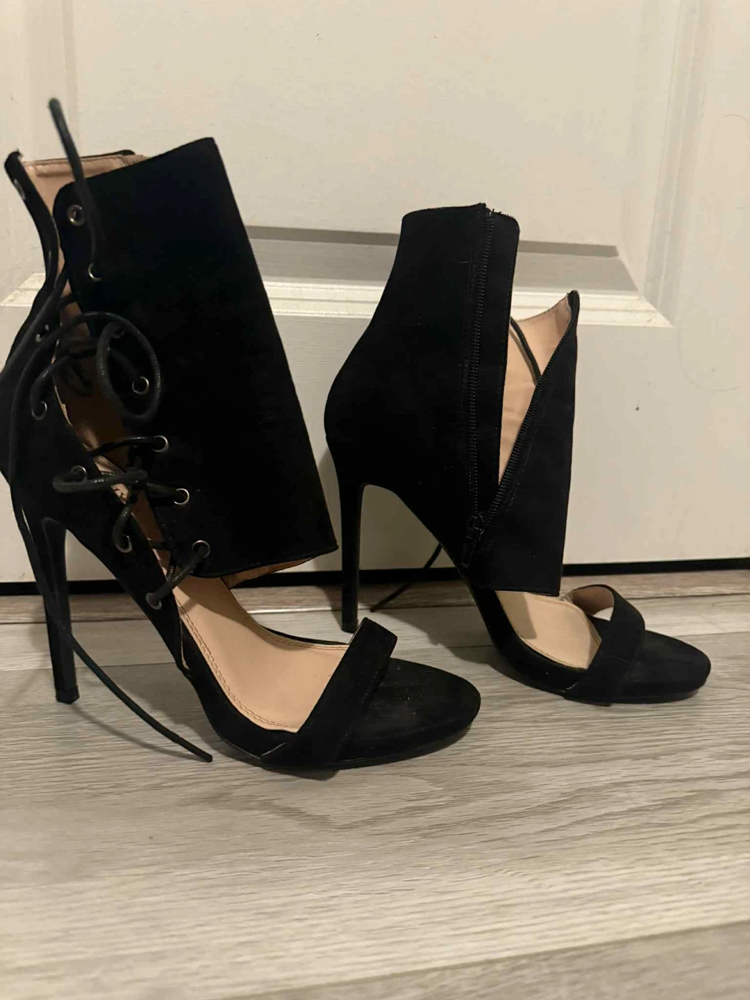 Black Suede Lace-Up Zipper Heels
