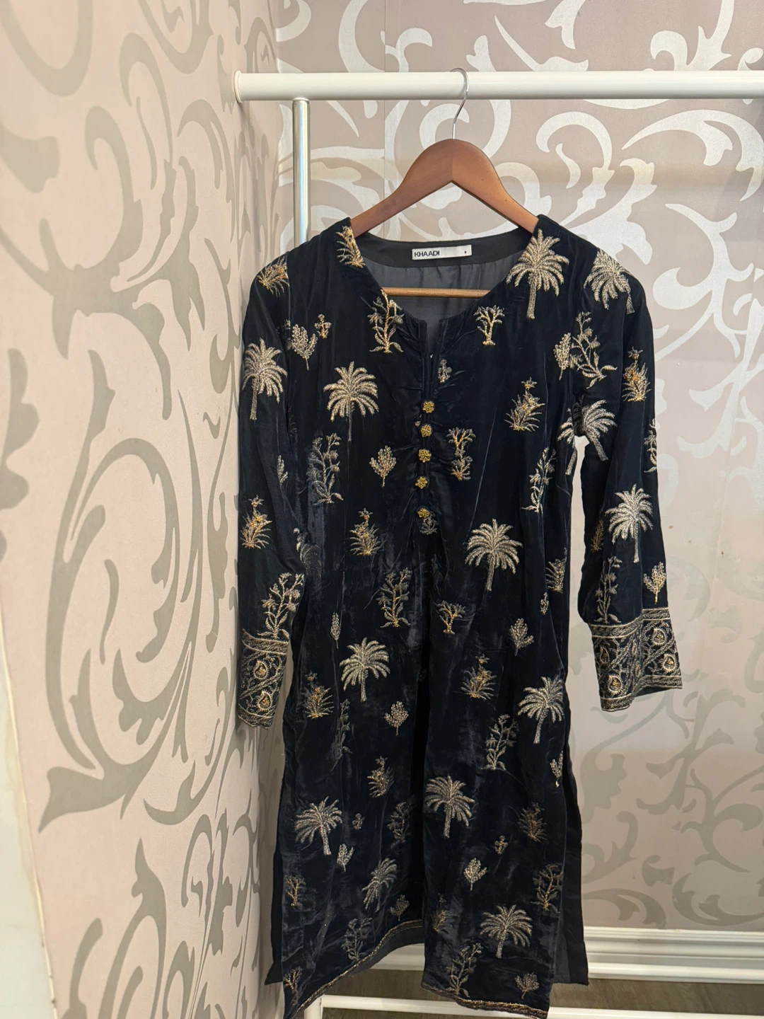 KHAadi Velvet Kurti with Gold Palm Tree Embroidery