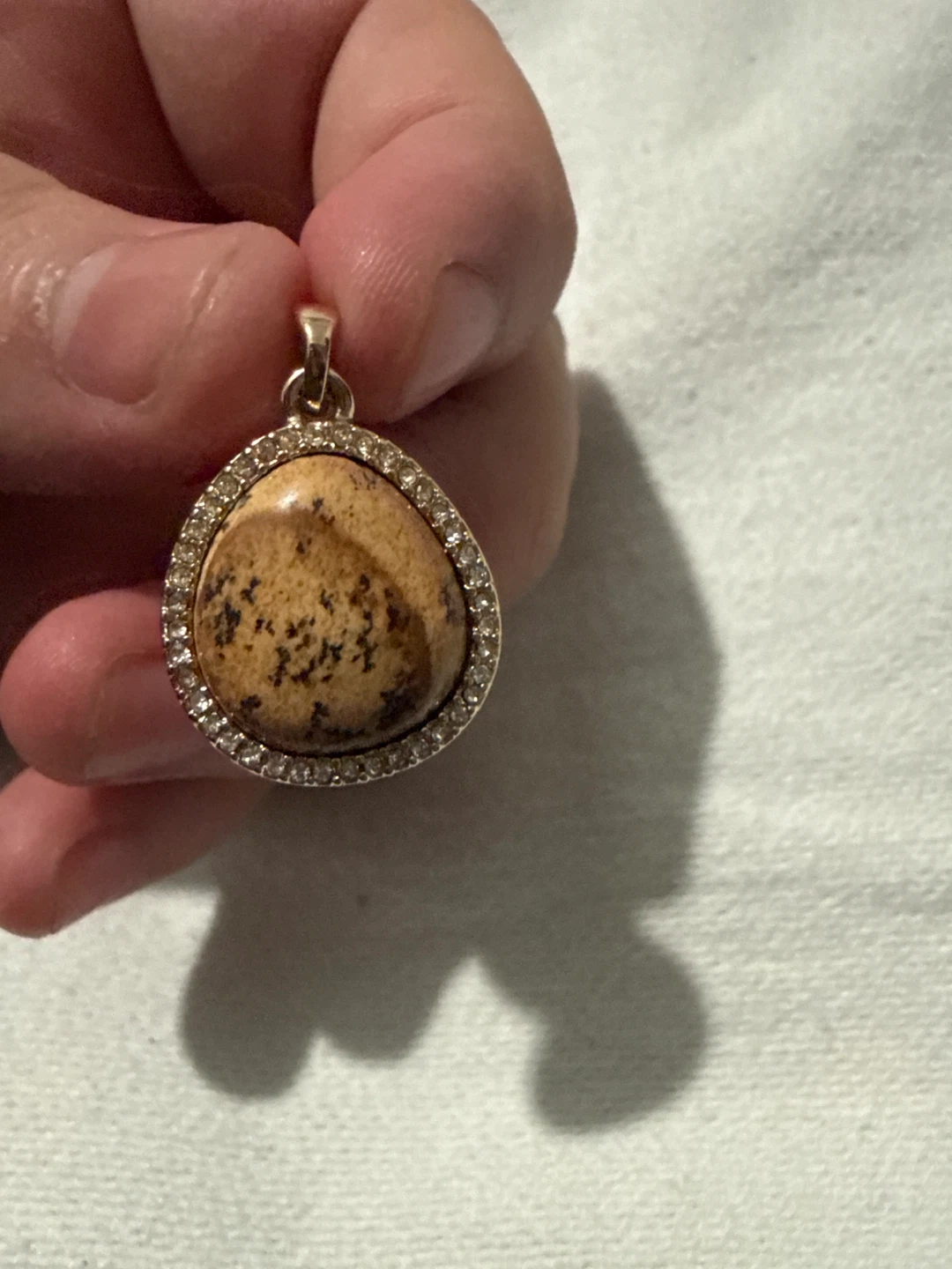 Gold Tone Pendant with Jasper Stone and Rhinestones