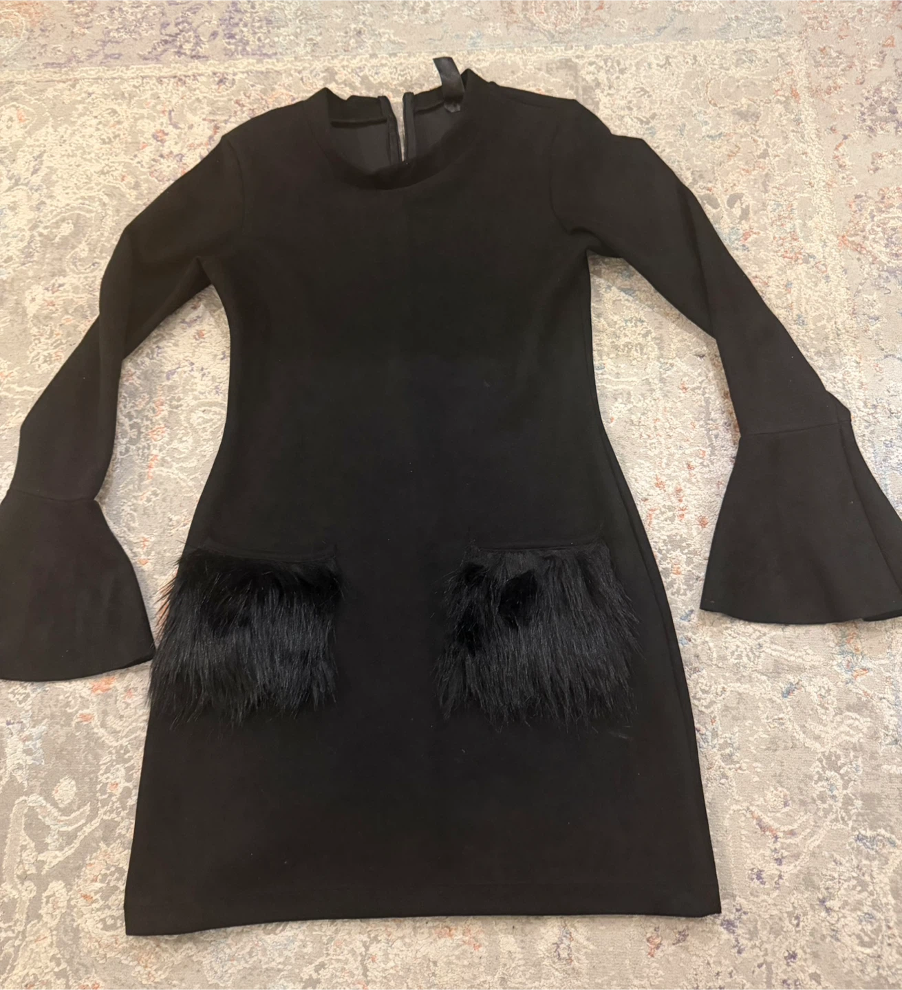 Black Dress with Flared Bell Sleeves and Fur Pockets