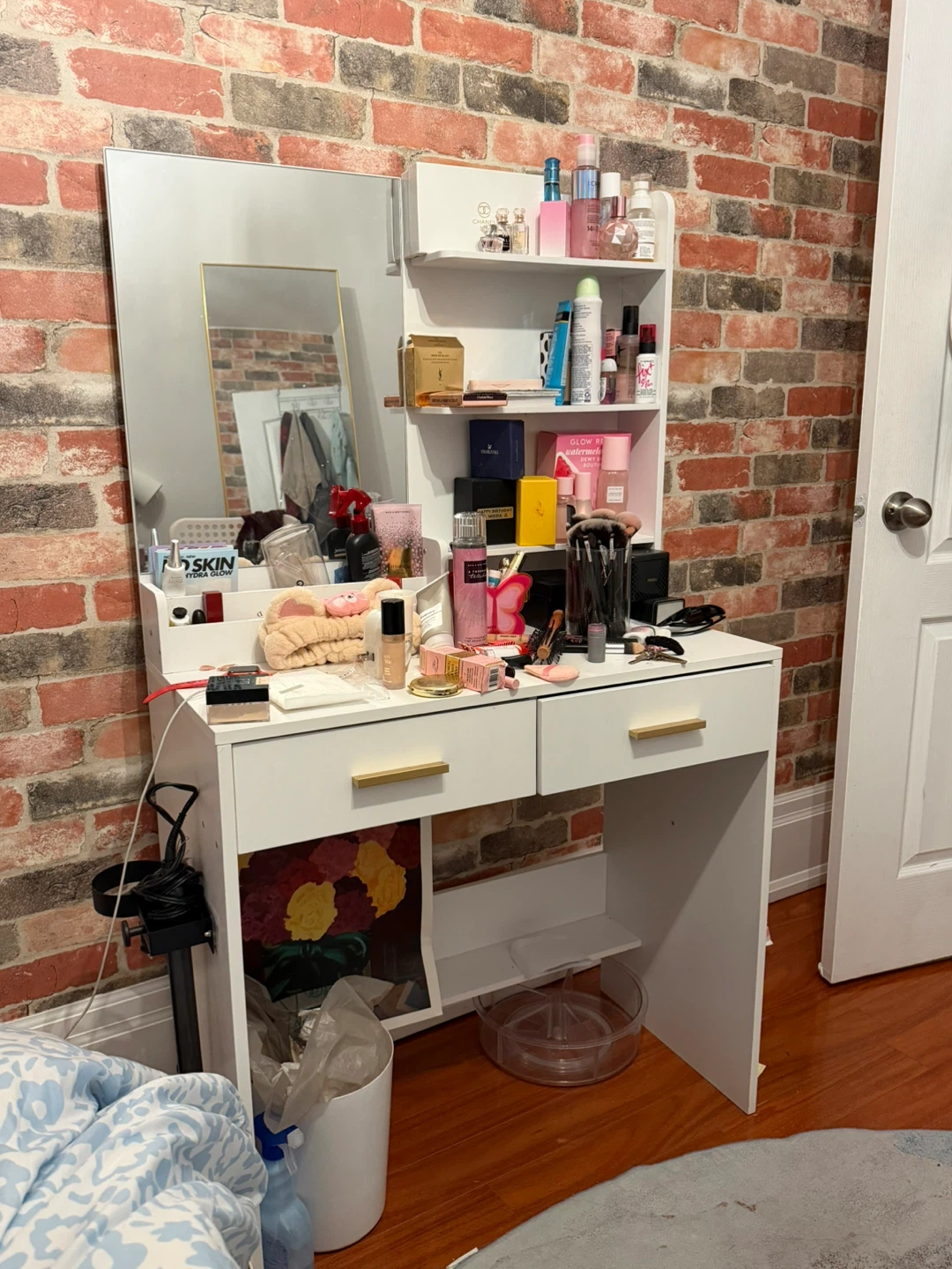White Vanity Desk with Mirror and Shelves