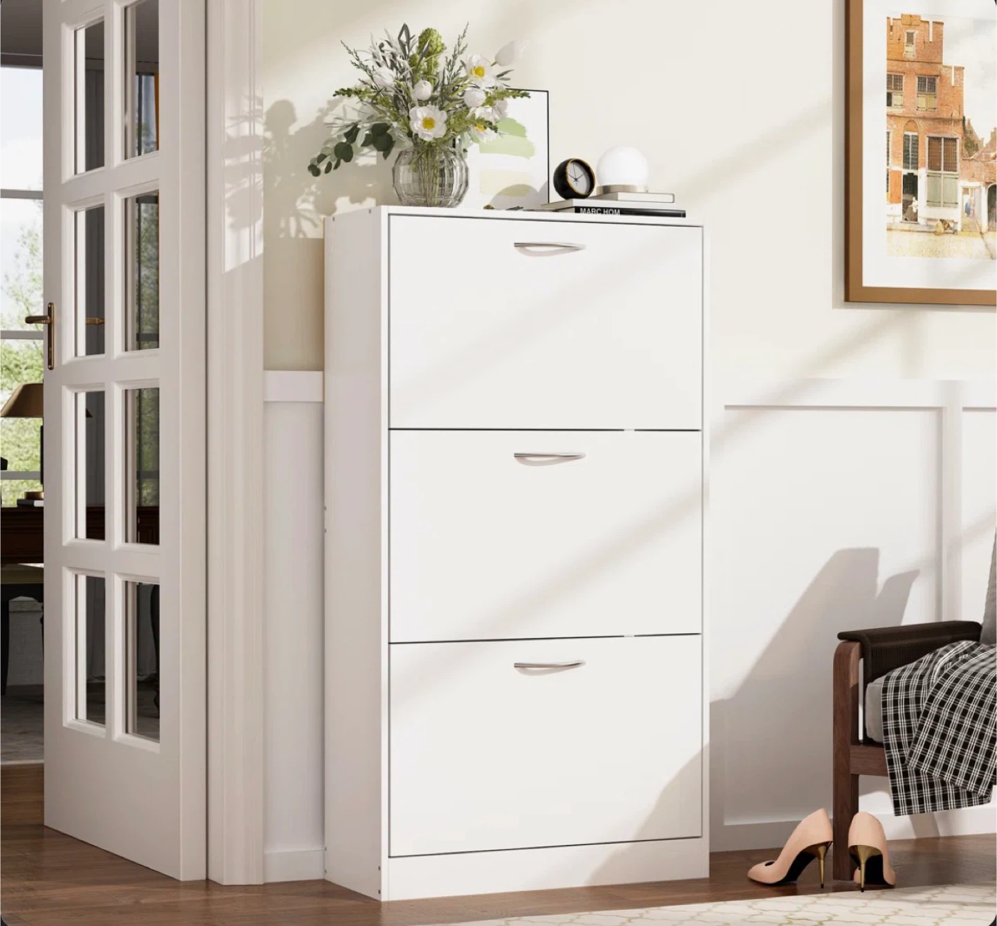White 3-Tier Shoe Cabinet with Flip Drawers
