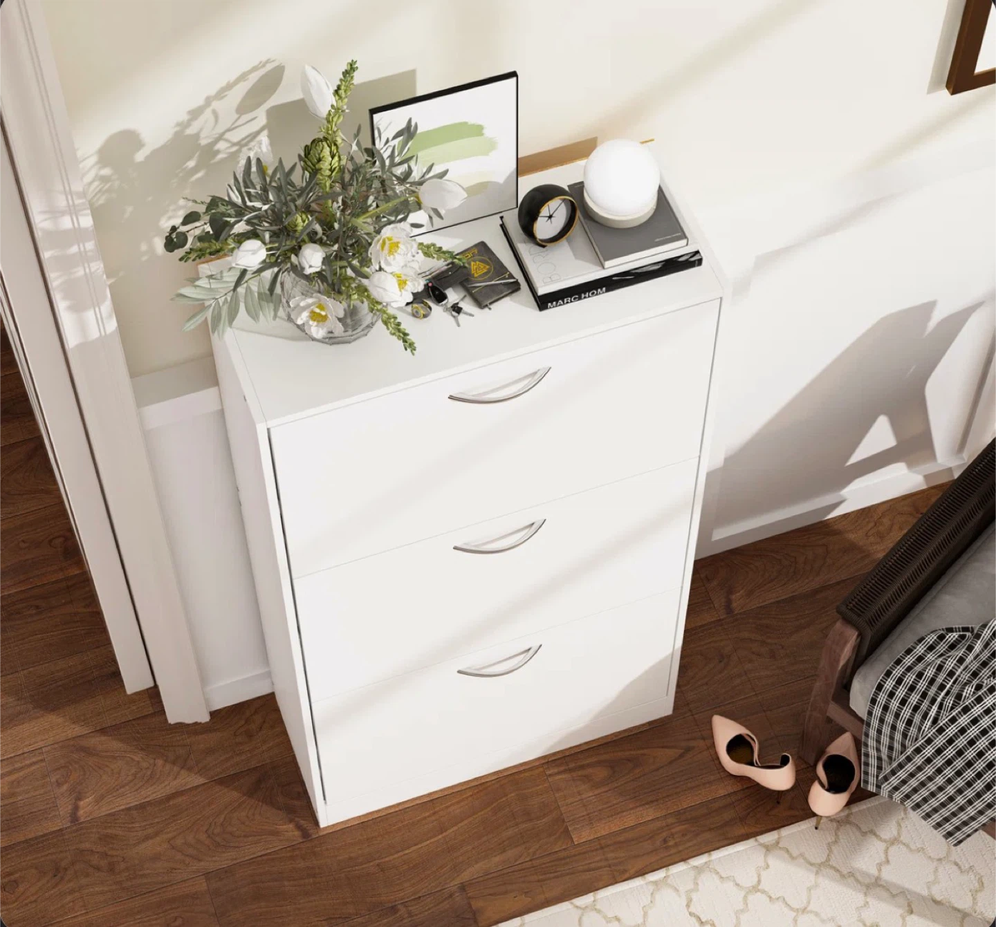 White 3-Tier Shoe Cabinet with Flip Drawers - photo 2