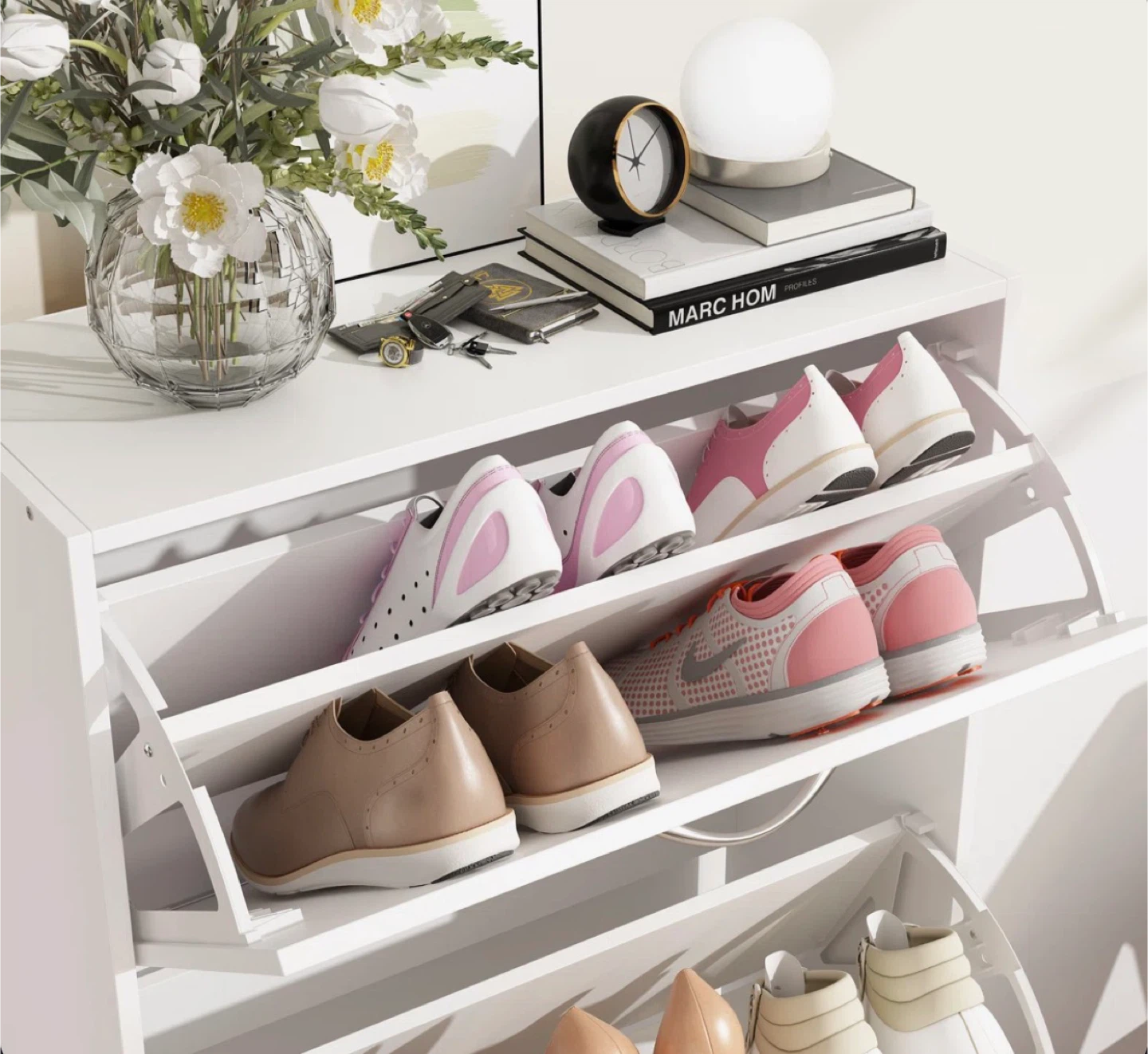 White 3-Tier Shoe Cabinet with Flip Drawers - photo 4
