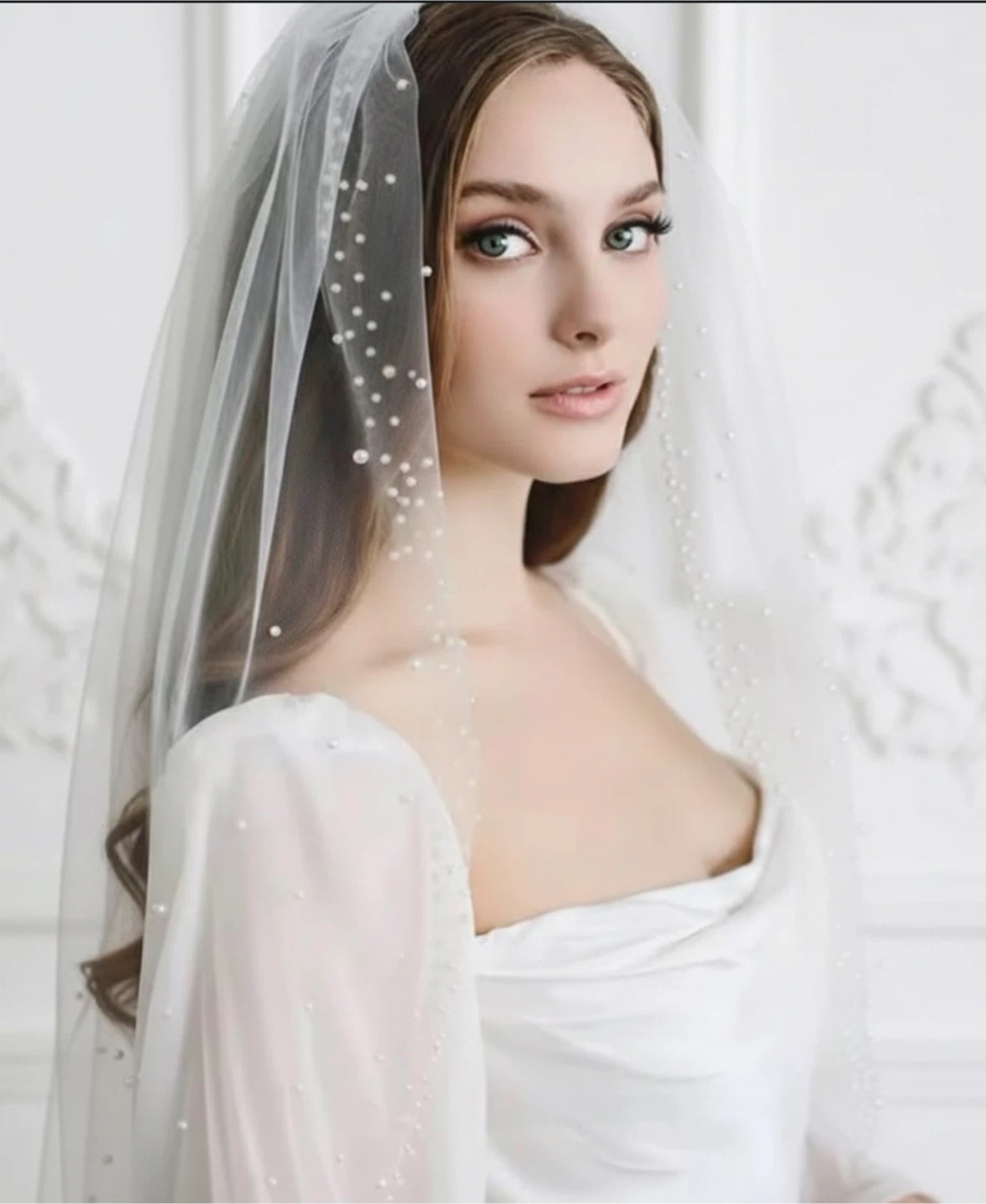 White Wedding Veil with Pearls