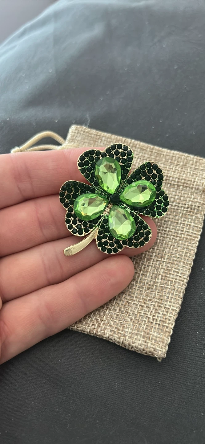 Green Clover Brooch Pin with Rhinestones - photo 3
