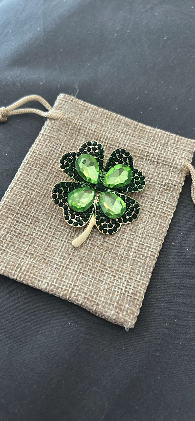 Green Clover Brooch Pin with Rhinestones