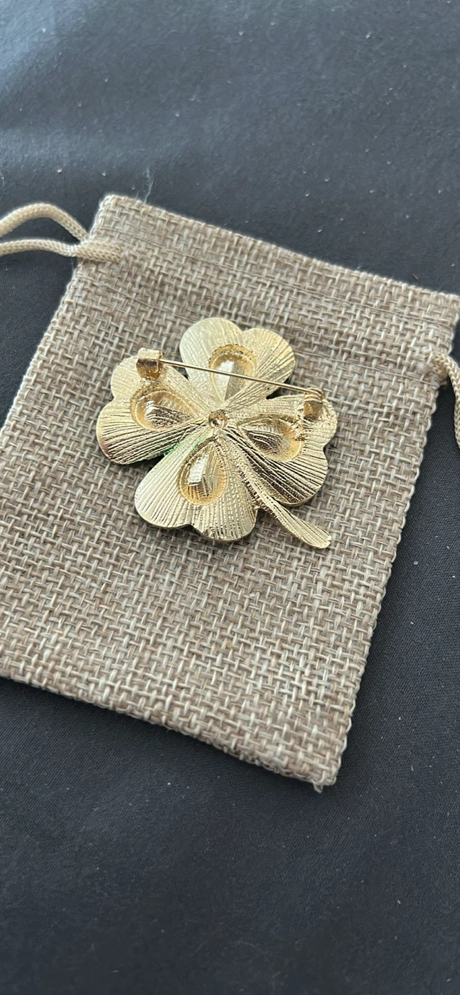 Green Clover Brooch Pin with Rhinestones - photo 2