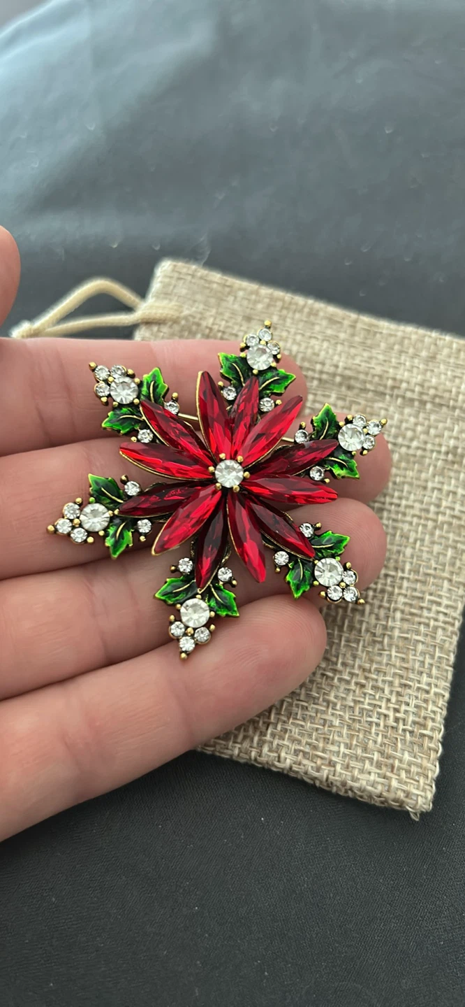 Red Poinsettia Snowflake Brooch with Crystals - photo 3