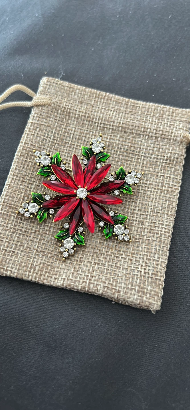 Red Poinsettia Snowflake Brooch with Crystals