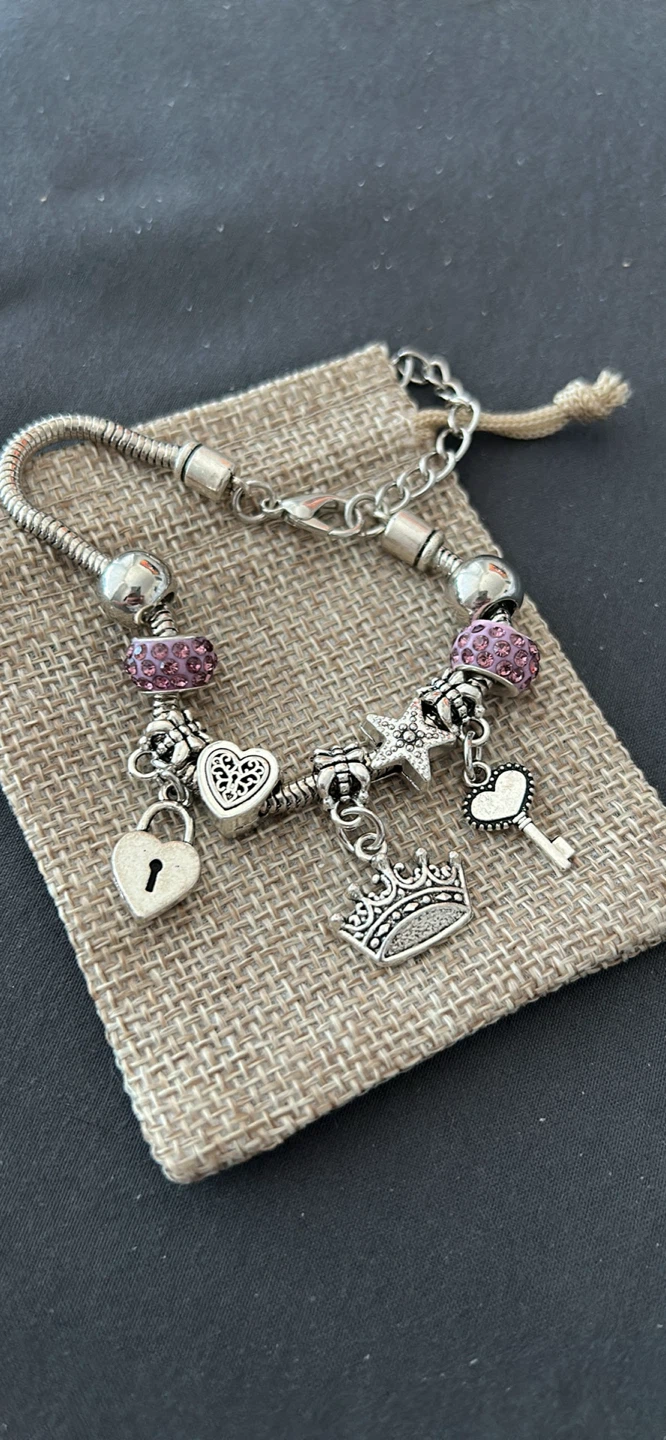 Silver Charm Bracelet with Purple Beads