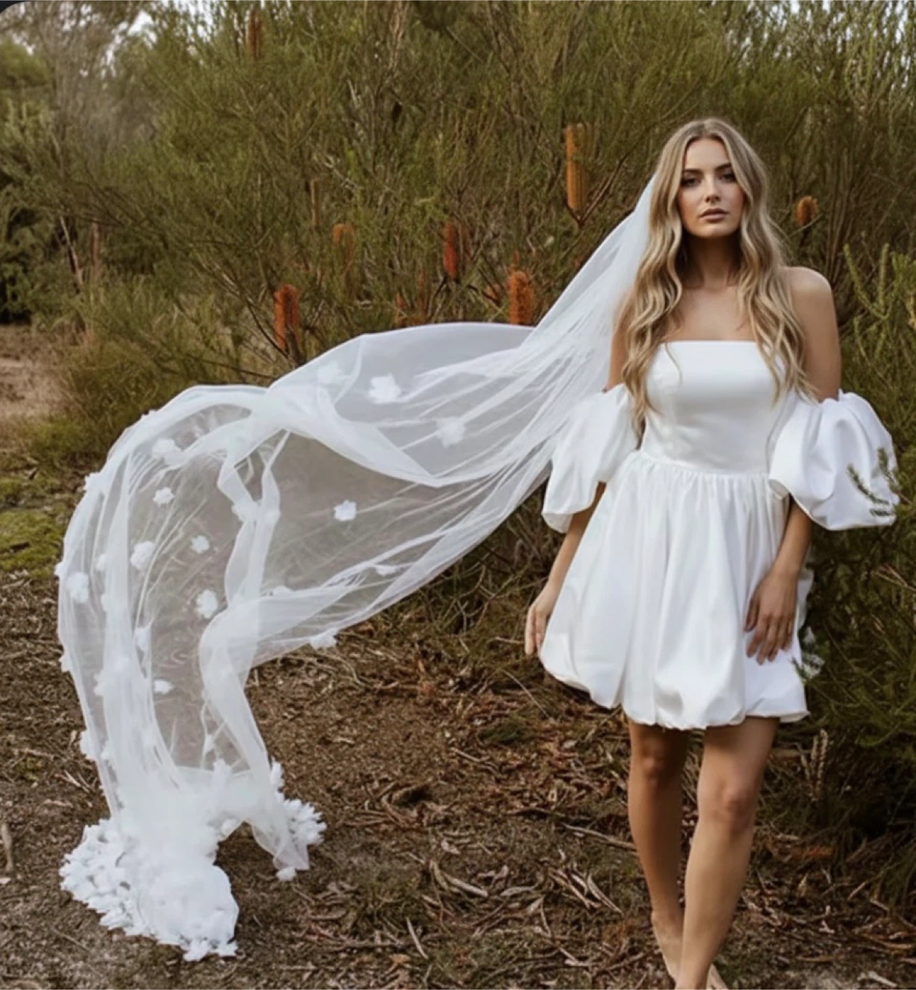 Soft White cathedral Wedding Veil with 3D Flowers