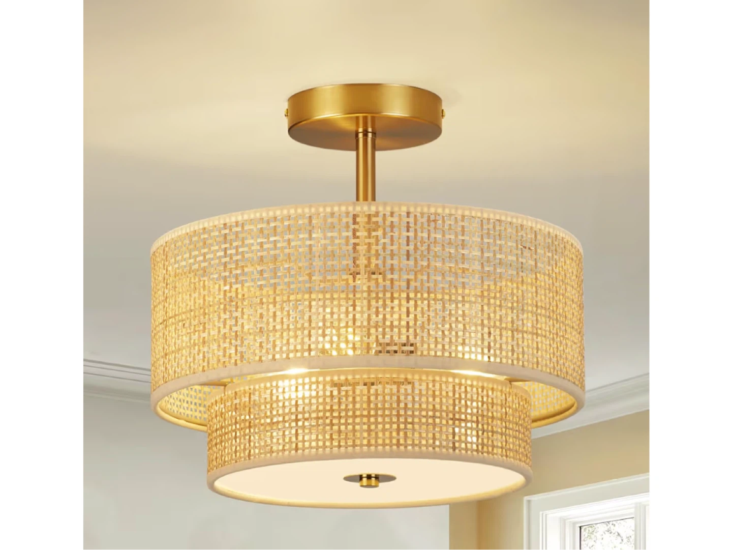 Rattan Ceiling Light with 2-Tier Drum Shade