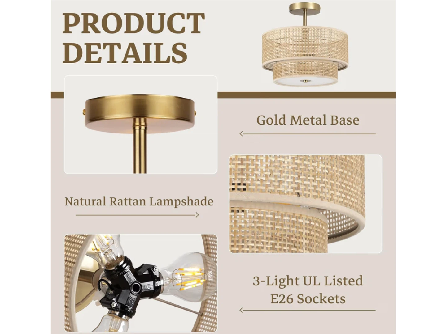 Rattan Ceiling Light with 2-Tier Drum Shade - photo 2