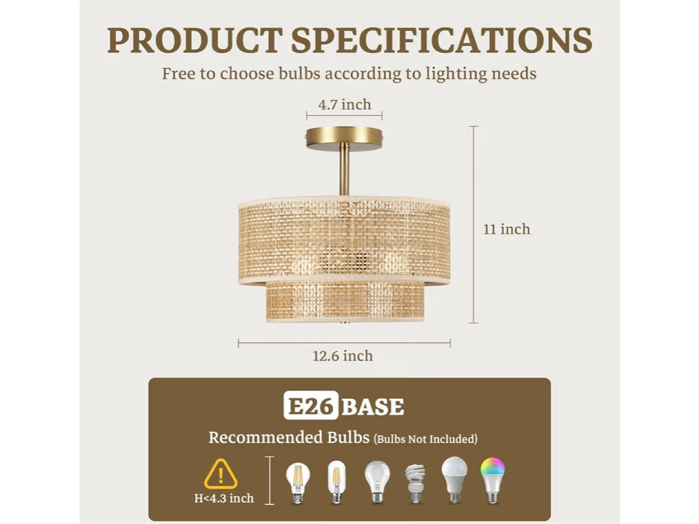 Rattan Ceiling Light with 2-Tier Drum Shade - photo 3