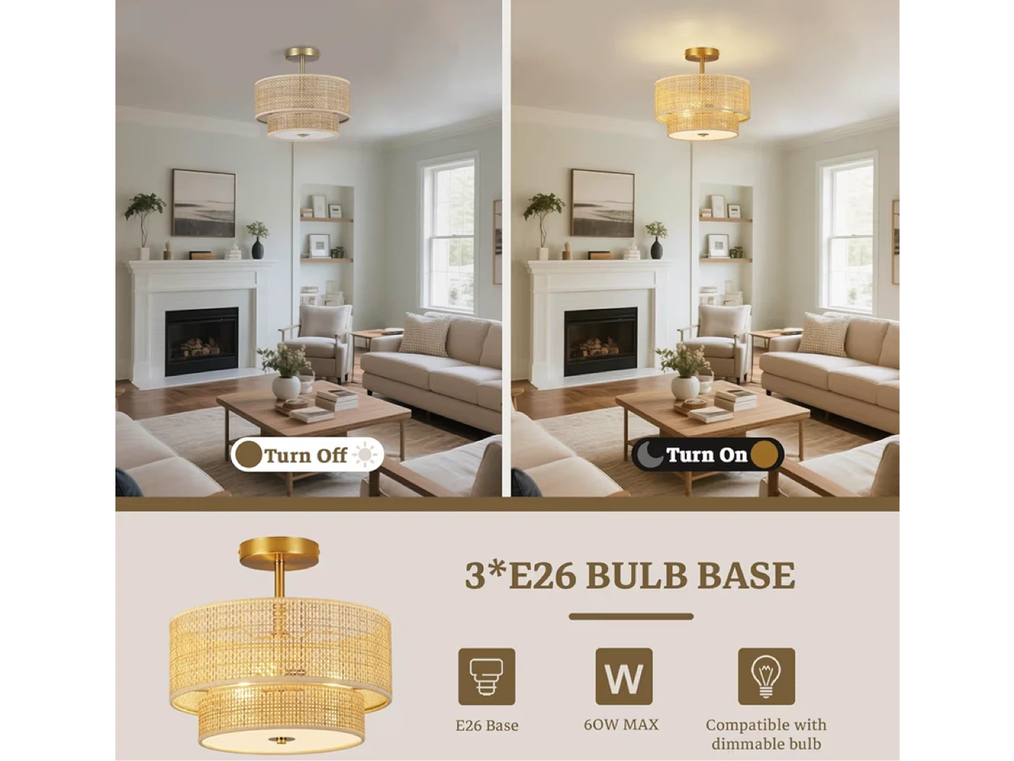 Rattan Ceiling Light with 2-Tier Drum Shade - photo 4