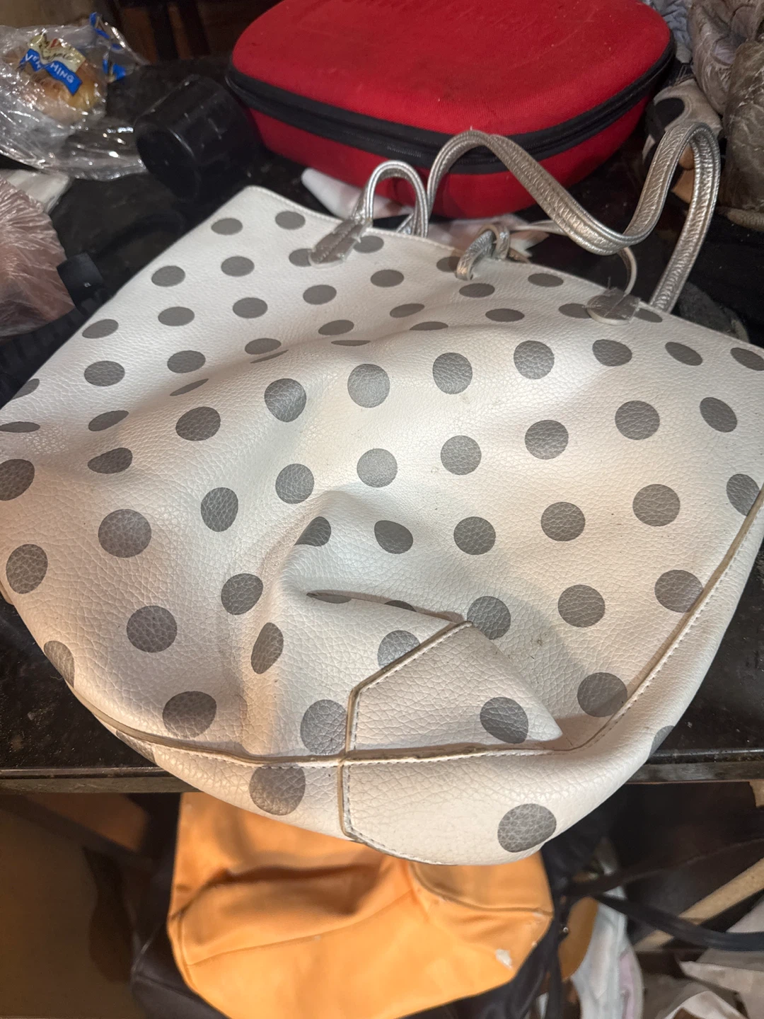 White Polka Dot Tote Bag with Silver Interior - photo 2