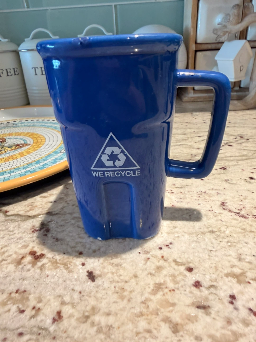Blue Ceramic "We Recycle" Trash Can Mug🏆