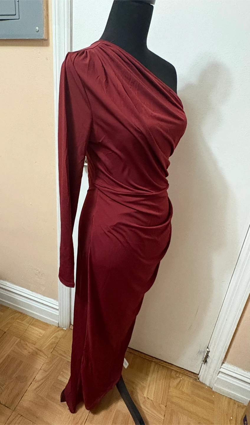 SHEIN One-Shoulder Ruched Maxi Dress Burgundy Size L - photo 4