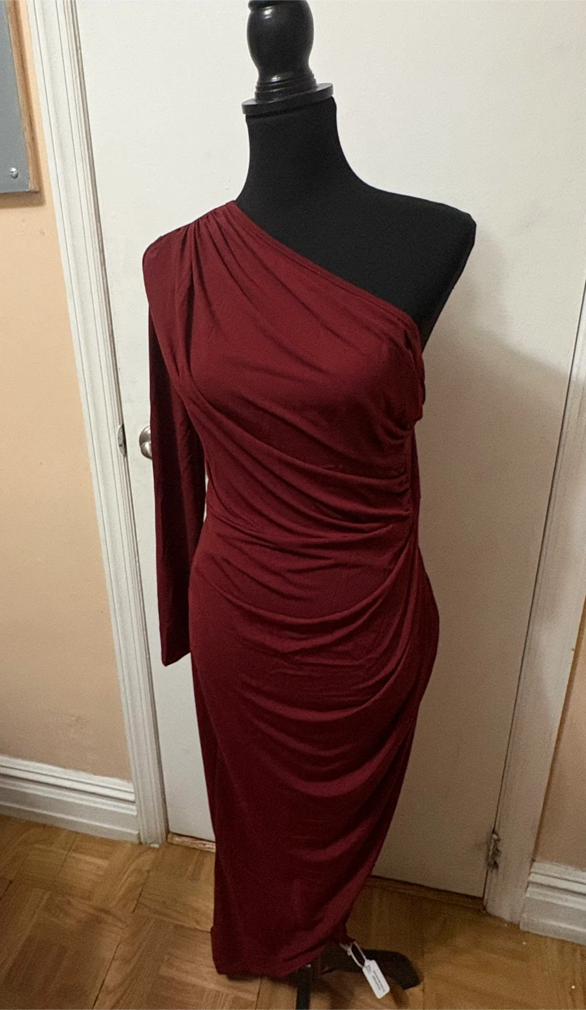 SHEIN One-Shoulder Ruched Maxi Dress Burgundy Size L