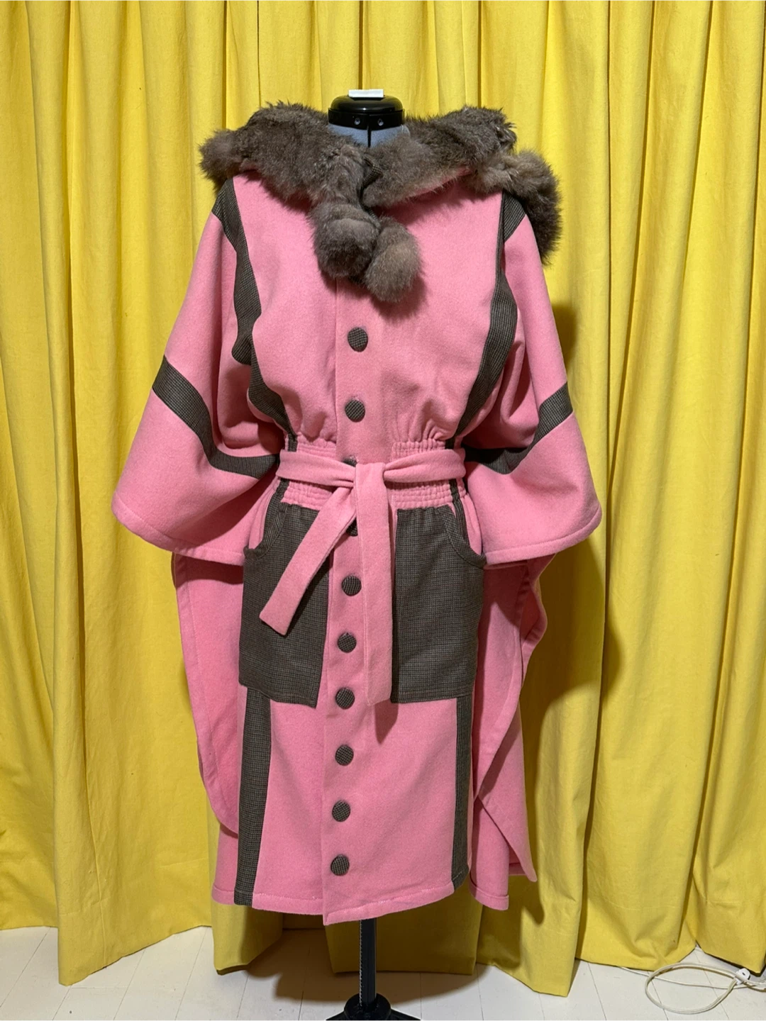 Pink Cape with Rabbit Fur Trim and Hood 100% wool