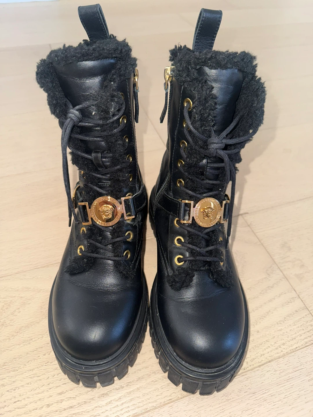 Versace Black Leather Fur Lined Combat Boots