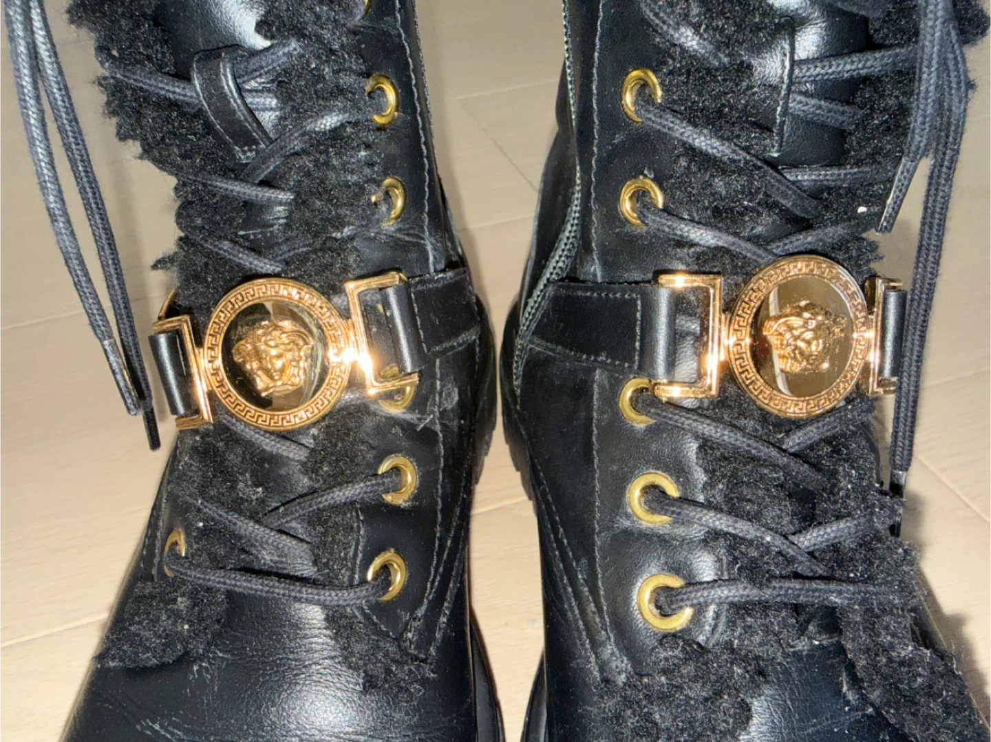 Versace Black Leather Fur Lined Combat Boots - photo 2