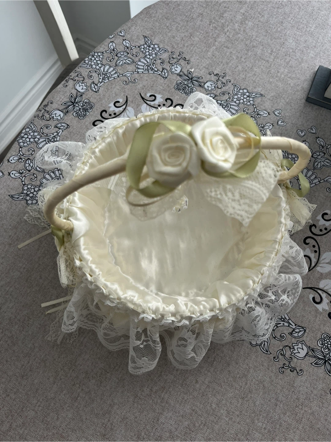 White Flower Girl Basket with Lace and Roses