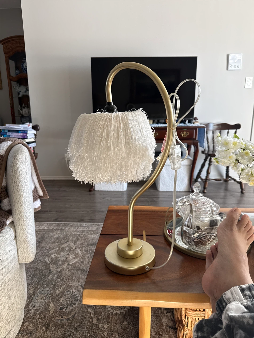 Gold Desk Lamp with White Fringe Shade