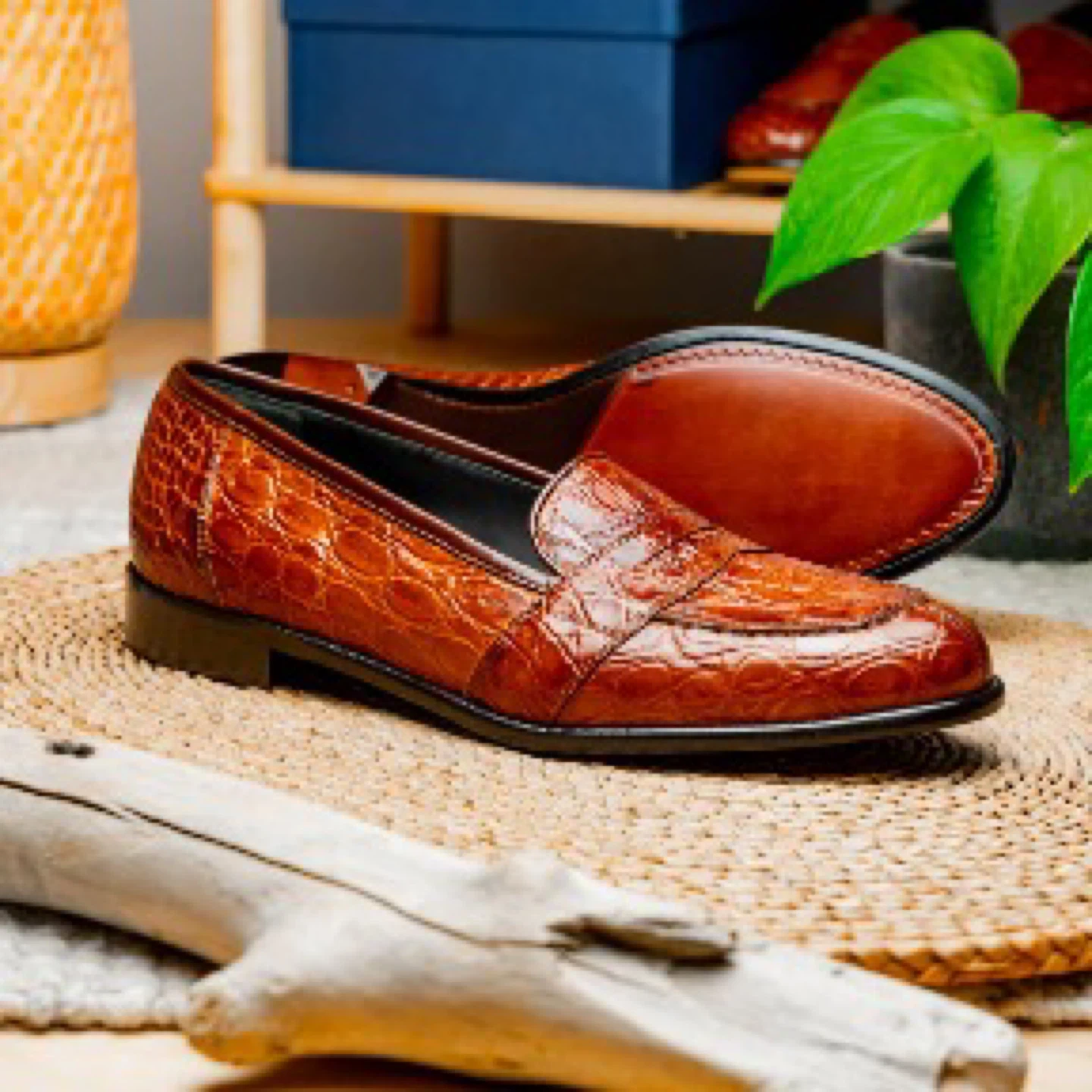 Brown Crocodile Embossed Leather Loafers
