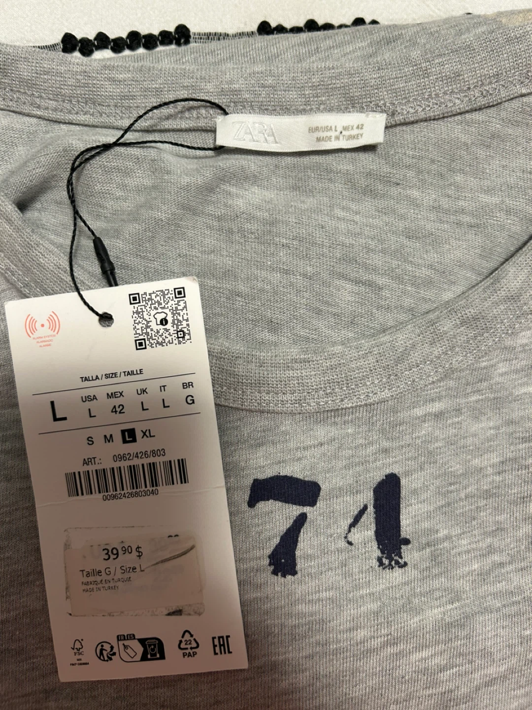 Grey Zara T-Shirt with Paint Splatter and '71' Graphic - Size L - photo 4