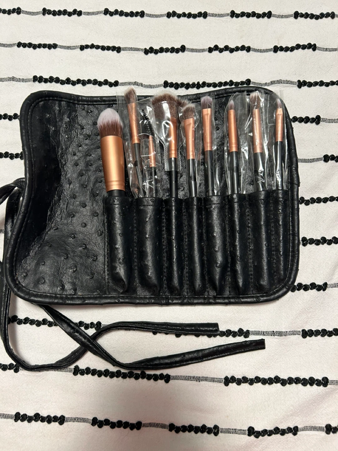 Makeup Brush Set with Black Faux Ostrich Leather Roll-Up Case
