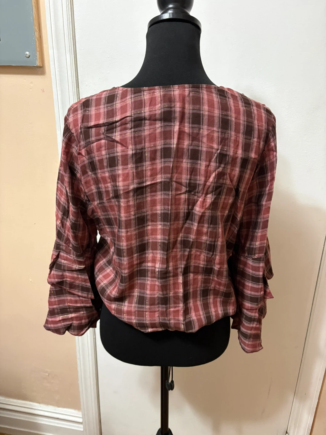 Cato Women's Plaid Bell Sleeve Blouse - Size M - photo 4