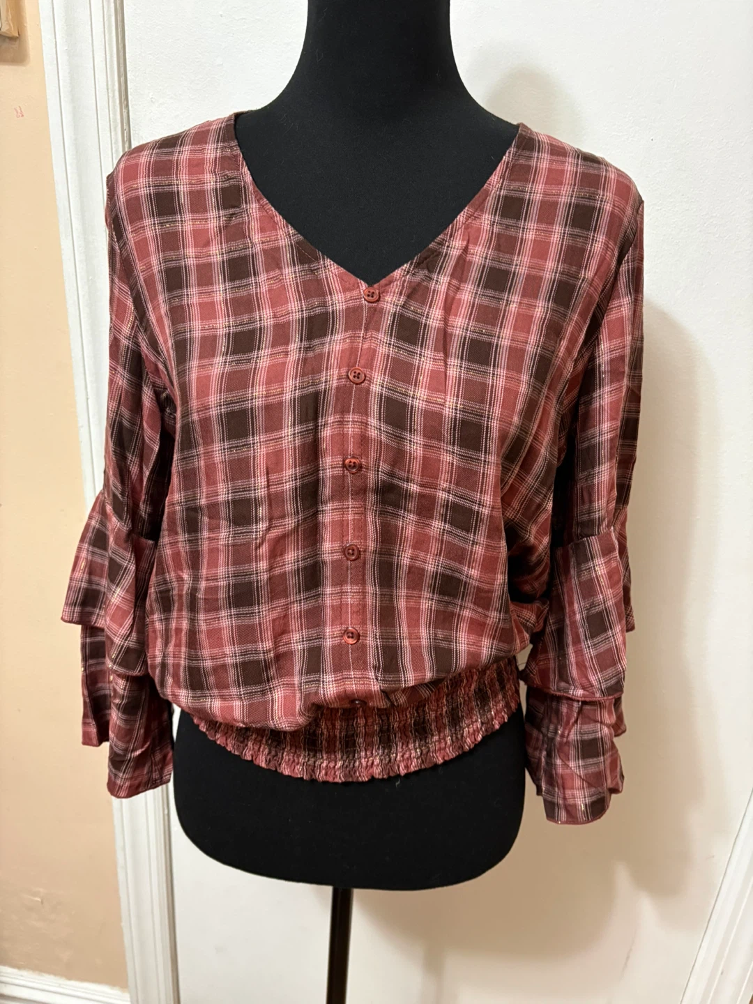Cato Women's Plaid Bell Sleeve Blouse - Size M