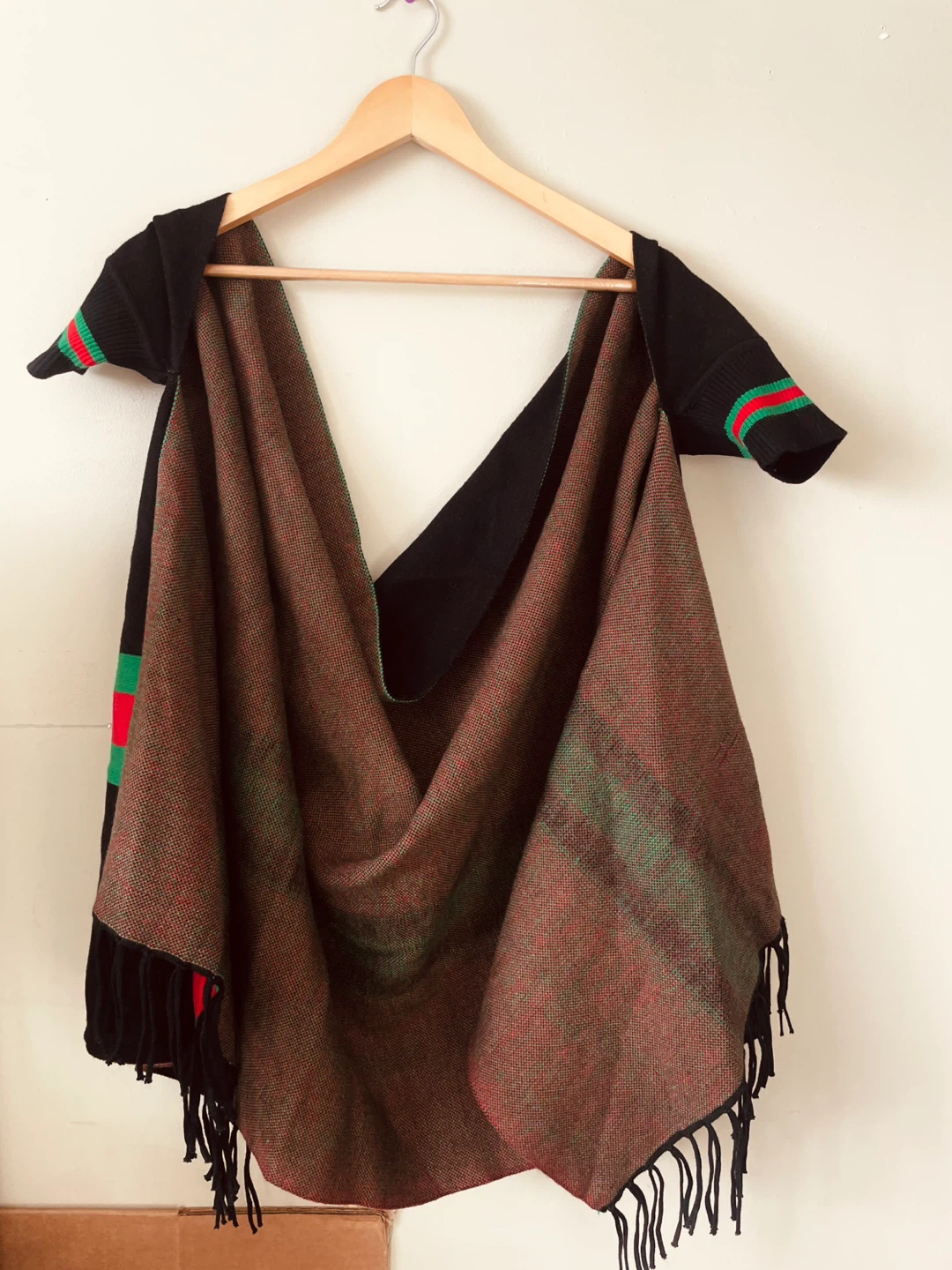 Black Poncho with Red and Green - preloved - photo 5
