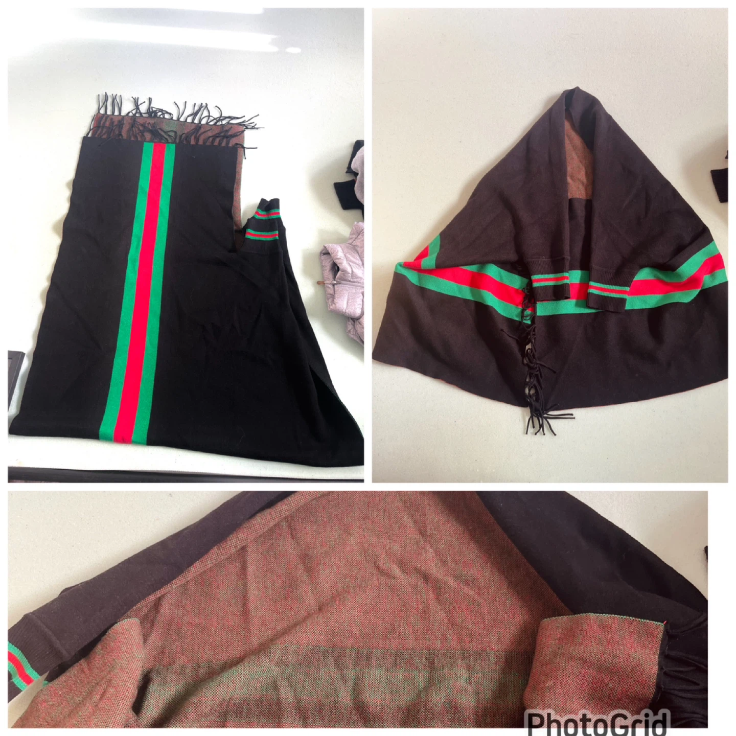 Black Poncho with Red and Green - preloved
