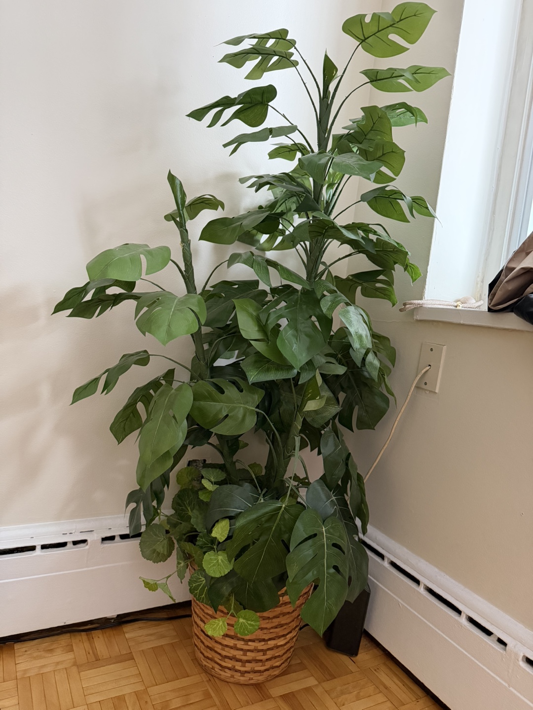 Large Faux Monstera Plant in Wicker Basket