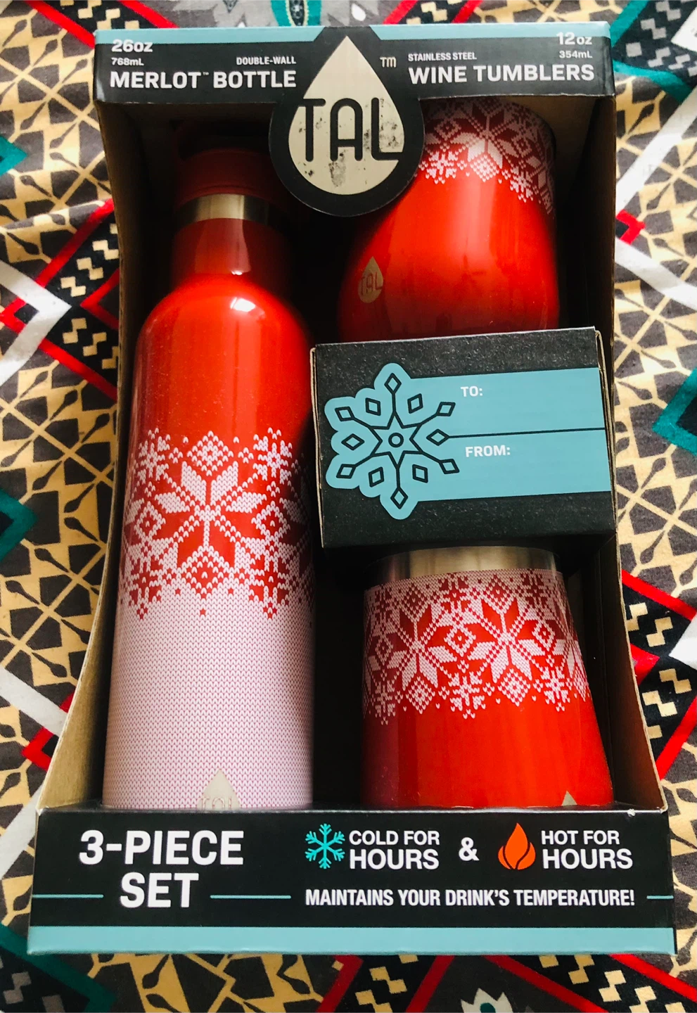 TAL 3-Piece Merlot Bottle & Wine Tumbler Set - Red Snowflake
