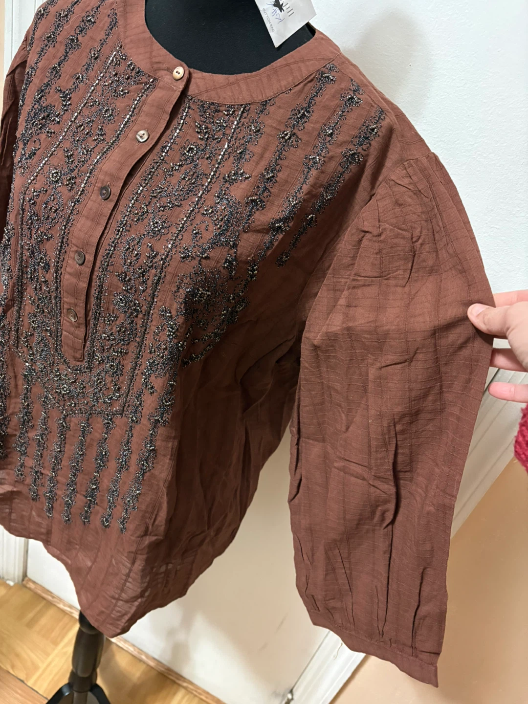 Brown Embroidered Button-Up Tunic Shirt - photo 3