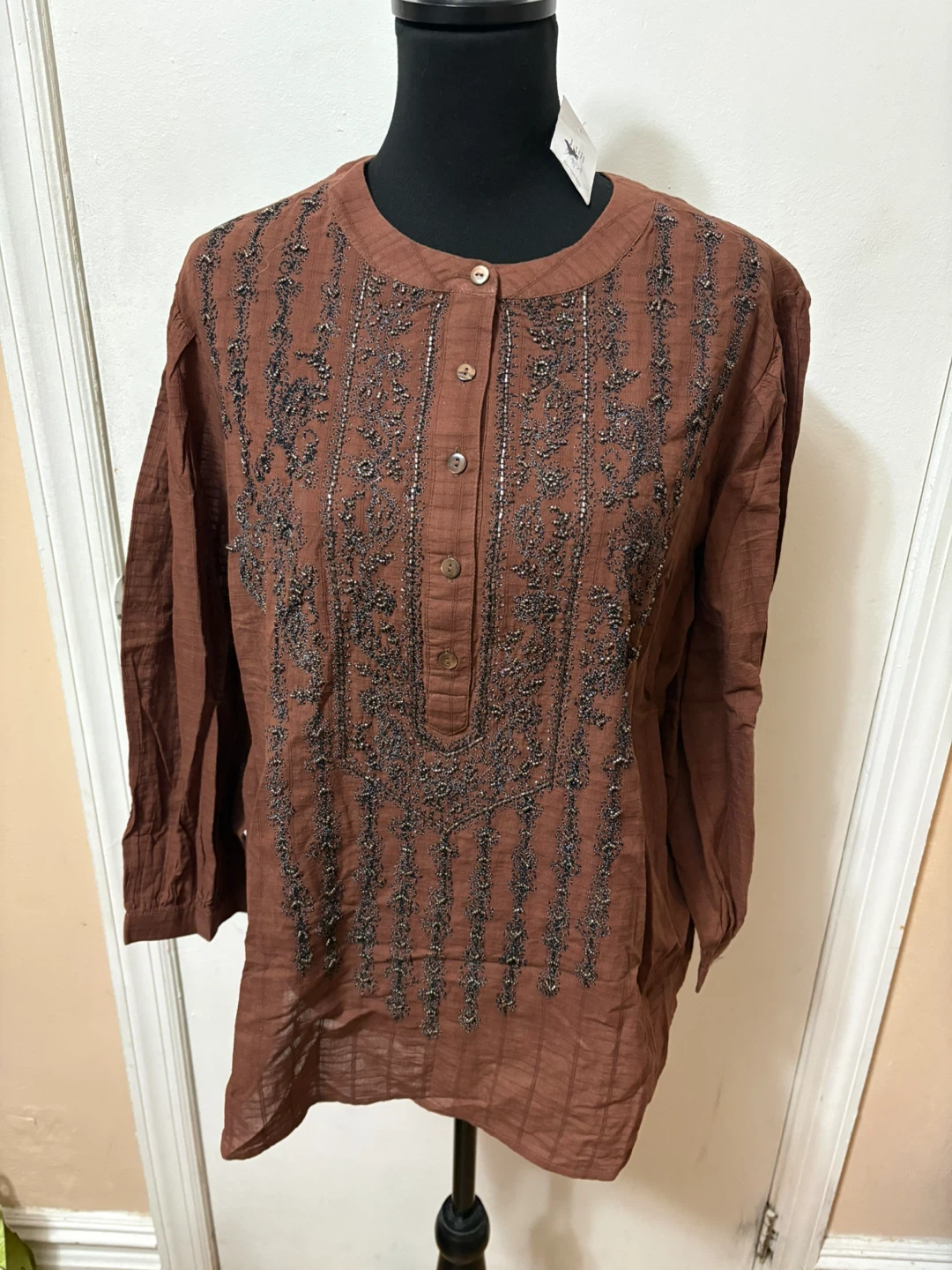 Brown Embroidered Button-Up Tunic Shirt - photo 2