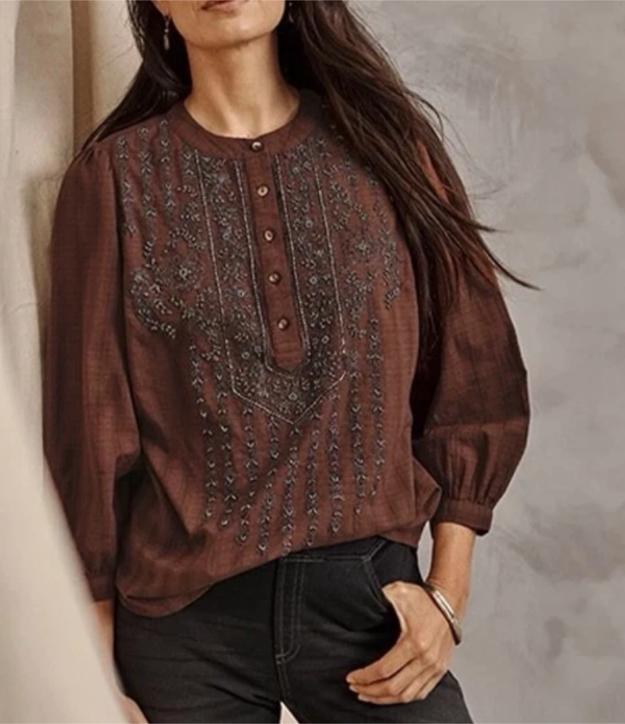 Brown Embroidered Button-Up Tunic Shirt